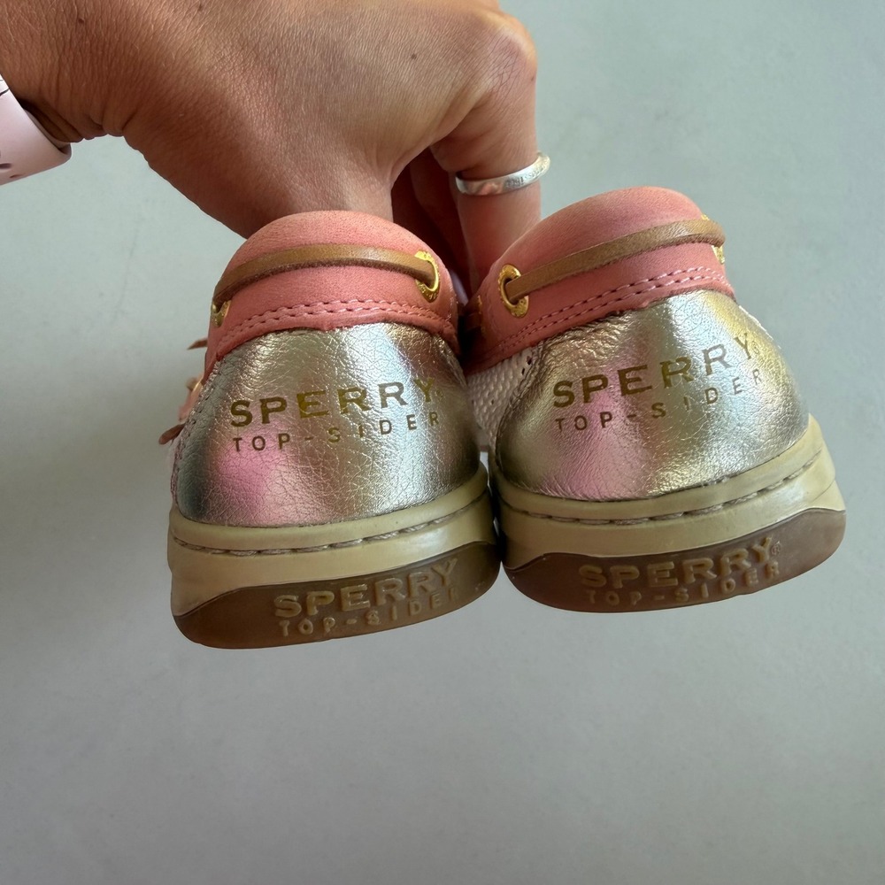 Sperry TopSider Women 9.5 Pink Tan Gold Leather Mesh Angelfish Boat Shoes Preppy - Picture 6 of 15
